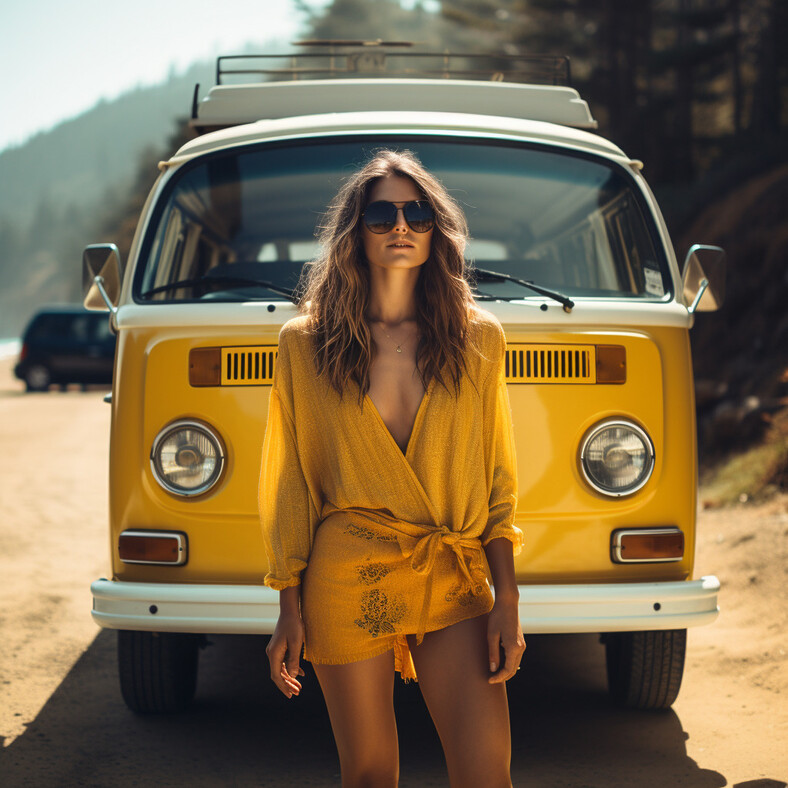 Jeune femme devant un van jaune