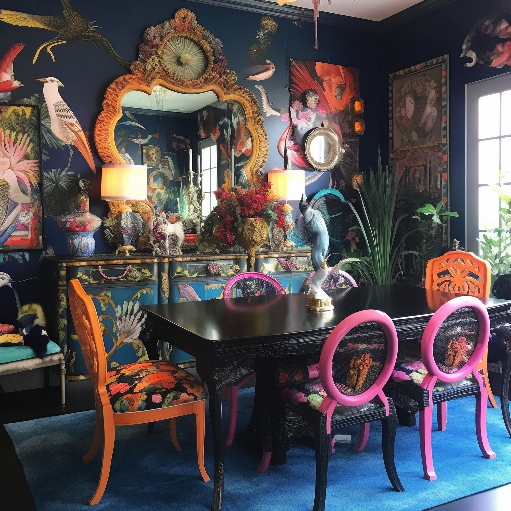 Salle à manger décorée dans un style maximaliste